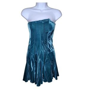 Urban Outfitters Mini Dress Fairy Antoinette Velvet Bustier Womens XS Teal Blue